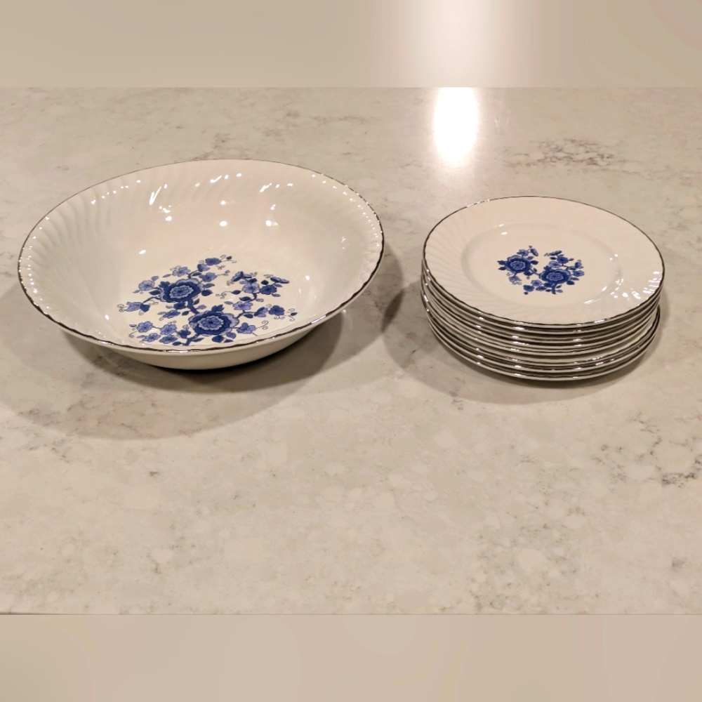 7Pc. Vintagntage Royal Blue Ironstone 8 Bread Desert 6" Plates & Bowl 9" England